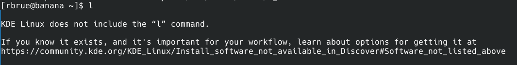 Notice message saying KDE Linux does not include the l command.