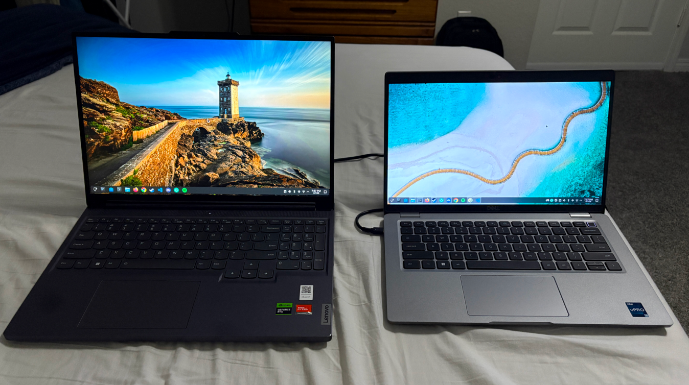 My main and secondary laptops, on the left, a Lenovo Legion Slim 5 16APH8, on the right, a Dell Latitude 5430